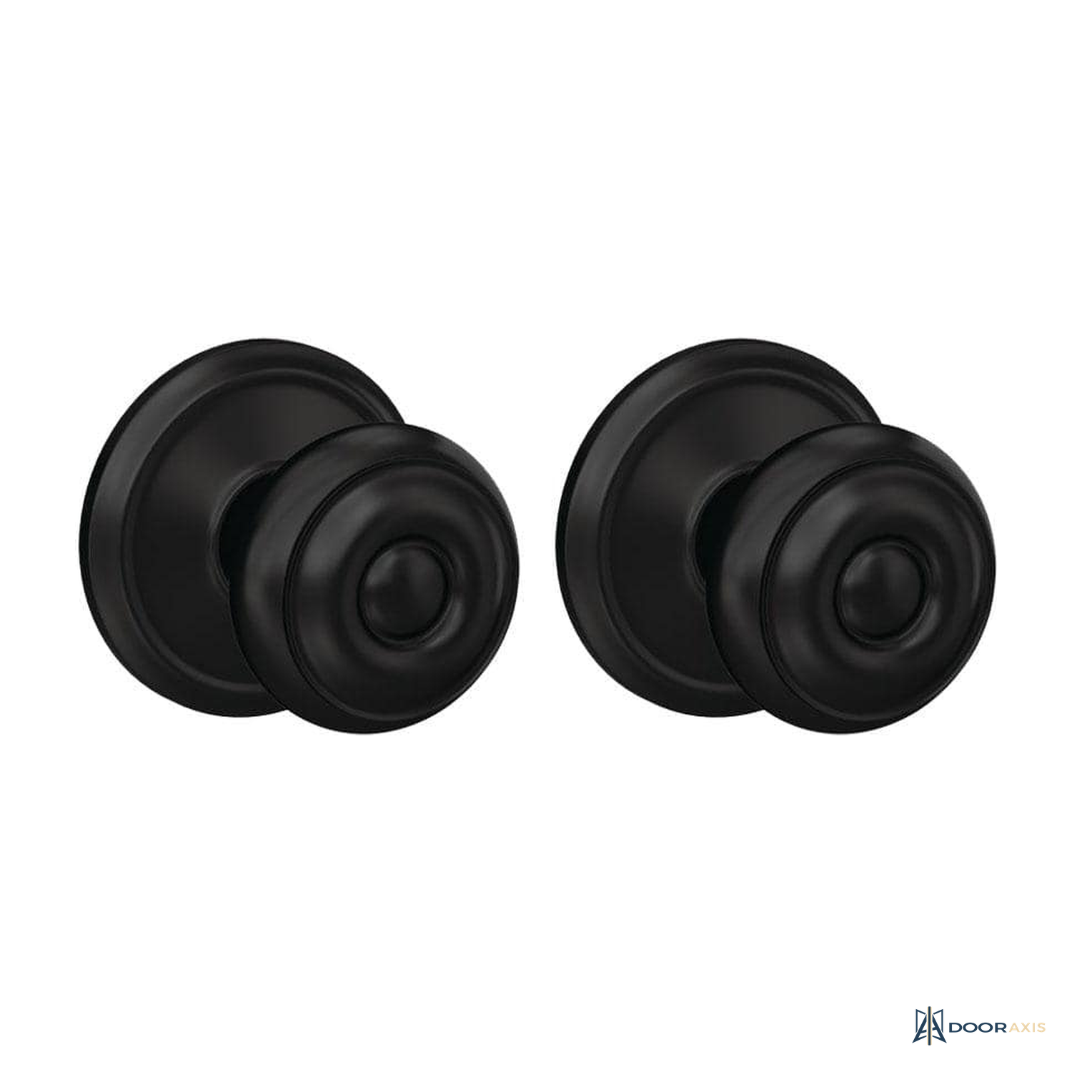 Door Axis Matte Black Dummy Door Knob Pair with Round Trim - front view
