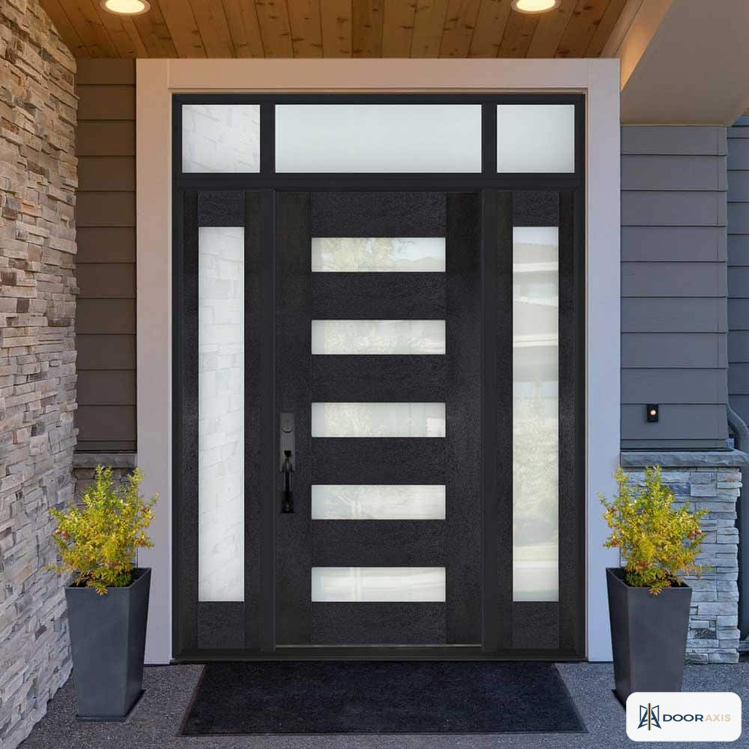 Door Axis 36 in x 80 in Modern 5-Lite Fiberglass Prehung Front Door, Frosted Glass - front view