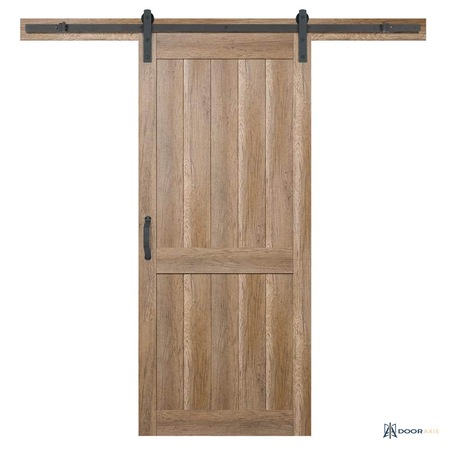 Door Axis 36 in x 84 in 2-Panel Plank Sandy Brown Sliding Barn Door with Track Hardware Kit - front view