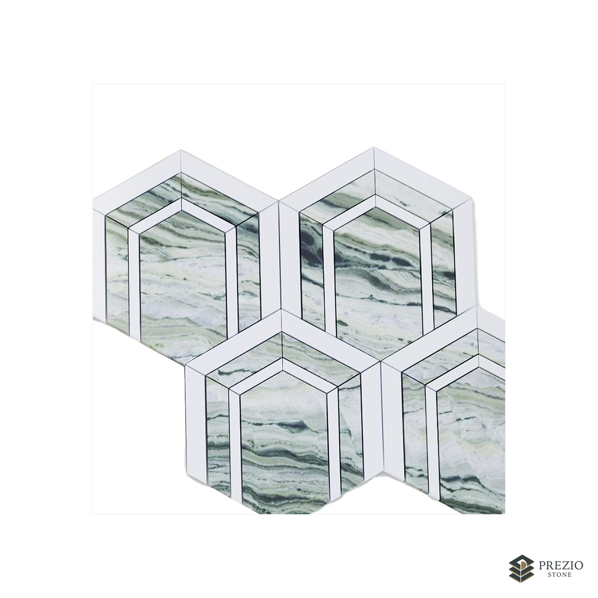 Prezio Stone Framed Hexagon Waterjet Mosaic, Verde and Navy Marble - primary material view