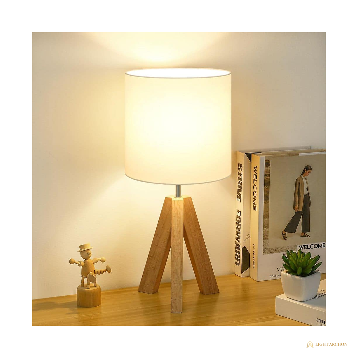 Light Archon Pinecrest 16 in. Wood Tripod Table Lamp with White Fabric Shade - front view