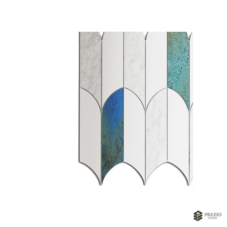 Prezio Stone Arched Plume Waterjet Mosaic with Patina Inlay, White and Black Marble - primary material view
