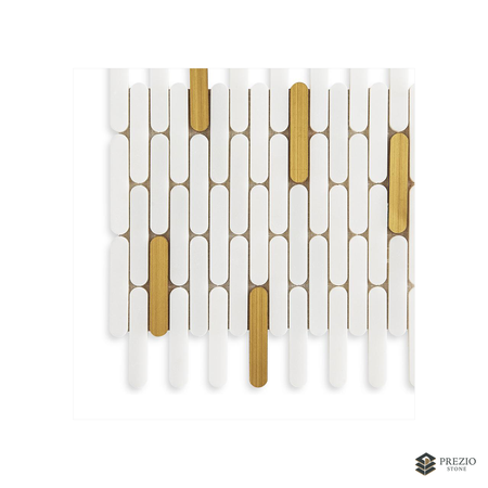Prezio Stone Piano Key Linear Mosaic with Brass Batons, White and Black Marble - primary material view