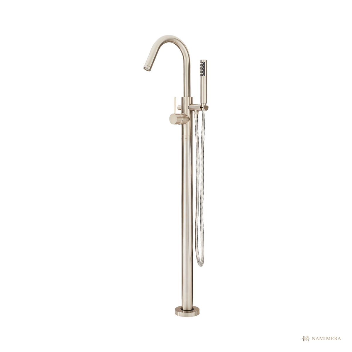 Namimera High-Arc Freestanding Tub Filler Trim with Hand Shower, 8 GPM, Brushed Nickel - front view