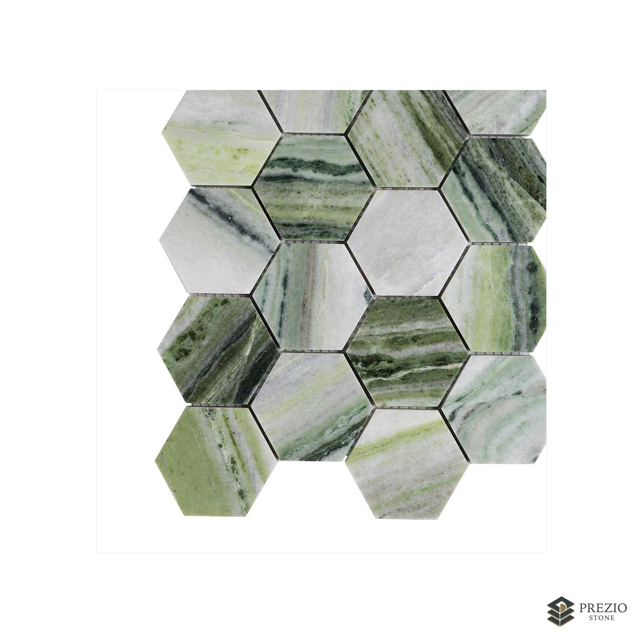 Prezio Stone Grand Hexagon Mosaic, Bamboo Green Marble and Black Terrazzo - primary material view
