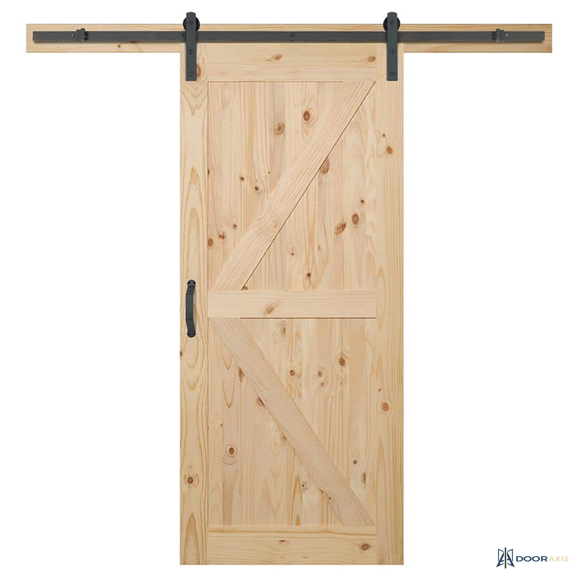 Door Axis 36 in x 84 in K-Frame Plank Knotty Pine Sliding Barn Door with Track Hardware Kit - front view