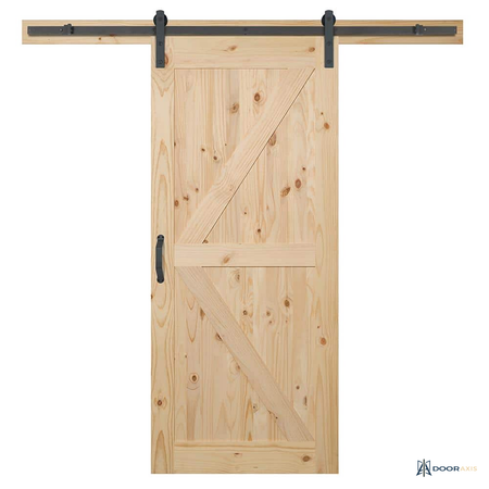 Door Axis 36 in x 84 in K-Frame Plank Knotty Pine Sliding Barn Door with Track Hardware Kit - front view