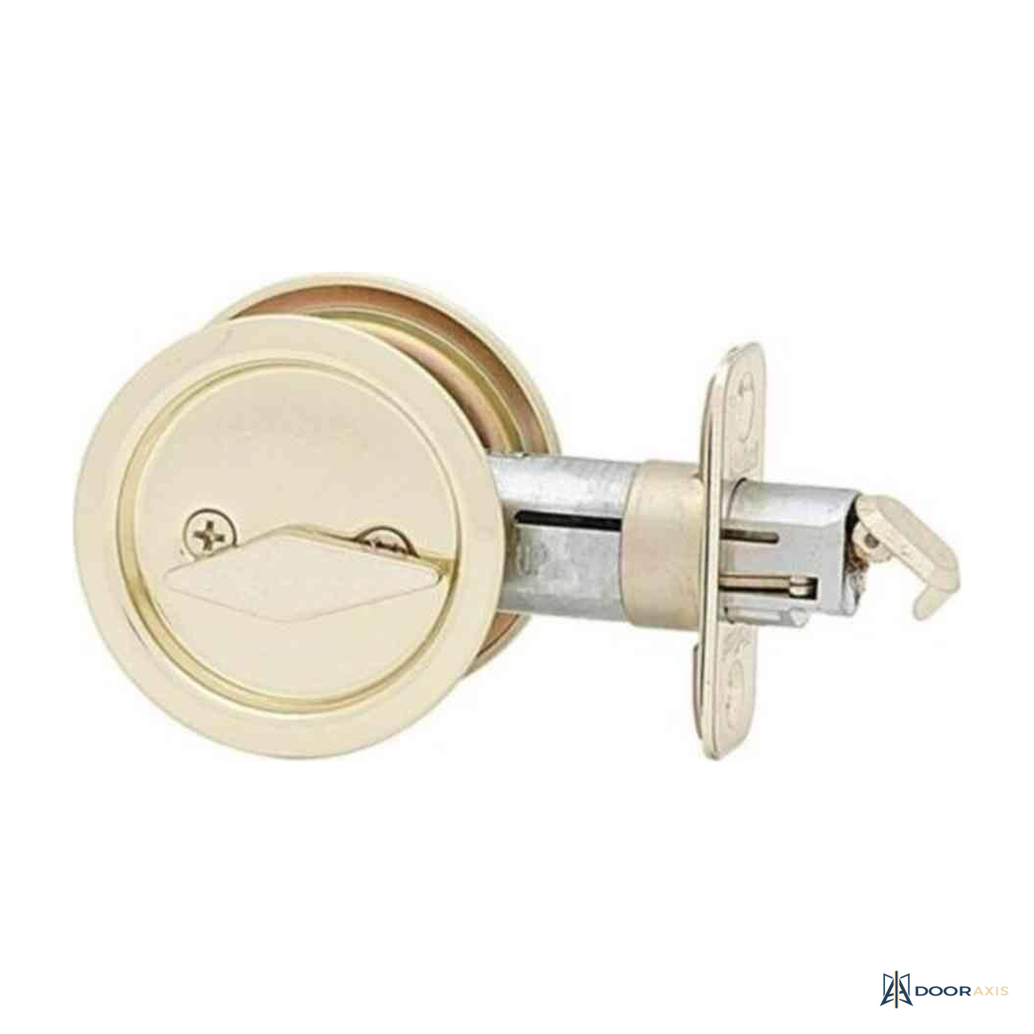 Door Axis Round Pocket Door Privacy Lock, Polished Brass - front view