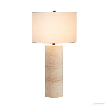 Light Archon Rocca 29 in. Natural Travertine Column Table Lamp with White Drum Shade - front view