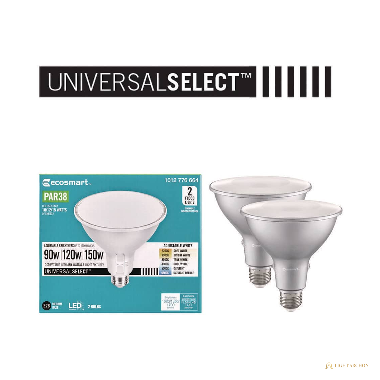 Light Archon Beamcast PAR38 LED Flood Bulb, 90-150W Equivalent, Selectable Output and CCT, 2-Pack - front view