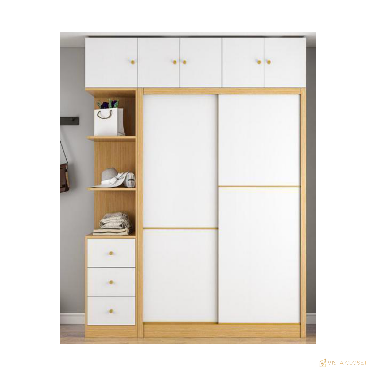 Vista Closet Natural Oak and White Sliding Wardrobe - front view