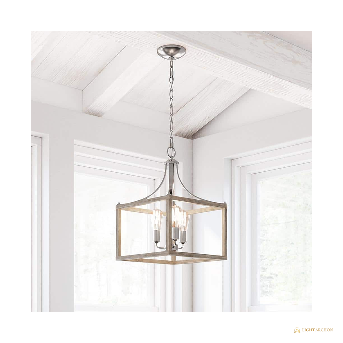 Light Archon Hartwell 14 in. 3-Light Open Frame Chandelier with Weathered Wood Accents - front view