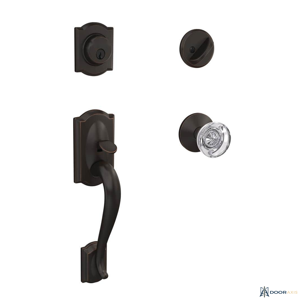 Door Axis Aged Bronze Single Cylinder Entry Handleset with Glass Interior Knob - front view