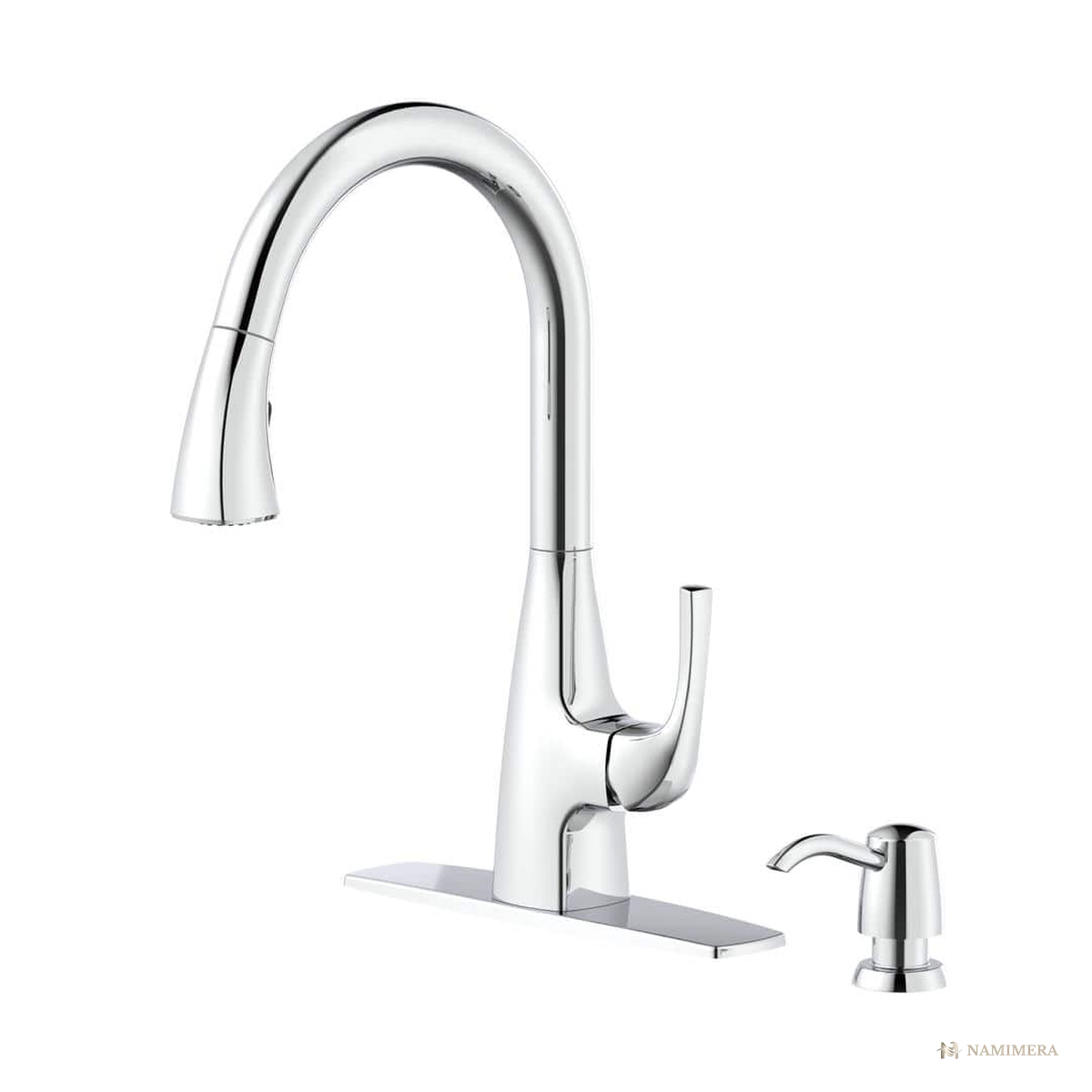 Namimera Single-Handle Pull-Down Kitchen Faucet with Soap Dispenser, 1.75 GPM, Chrome - front view