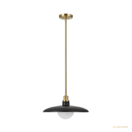 Light Archon Brim 15 in. Matte Black and Brass Pendant with Etched Glass Inner Shade - front view