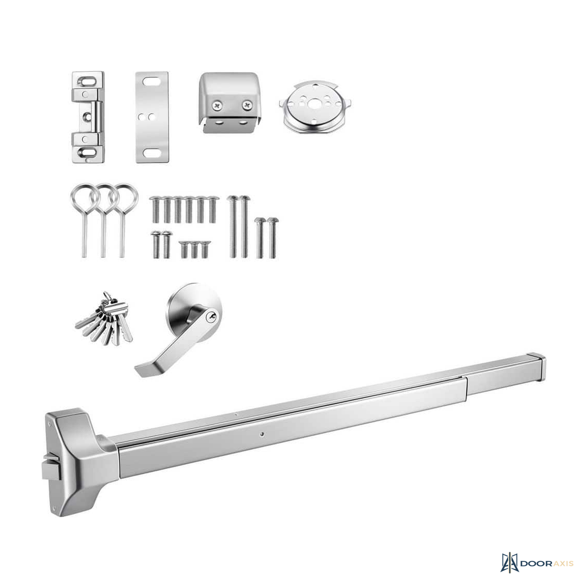 Door Axis 41 in Push Bar Panic Exit Device with Exterior Lever, Stainless Steel - front view