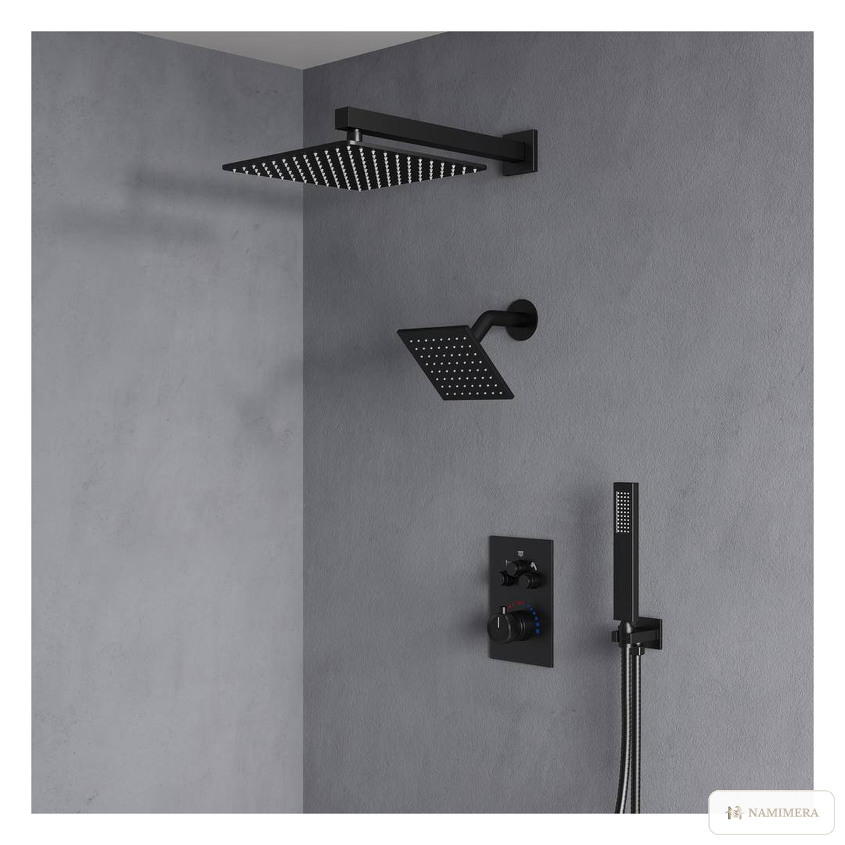 Namimera Thermostatic Shower System with 12 in. Rain Head, 6 Body Jets, and Handheld, Matte Black - front view