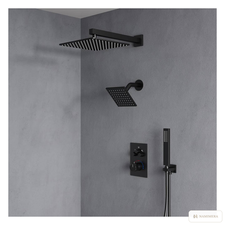 Namimera Thermostatic Shower System with 12 in. Rain Head, 6 Body Jets, and Handheld, Matte Black - front view