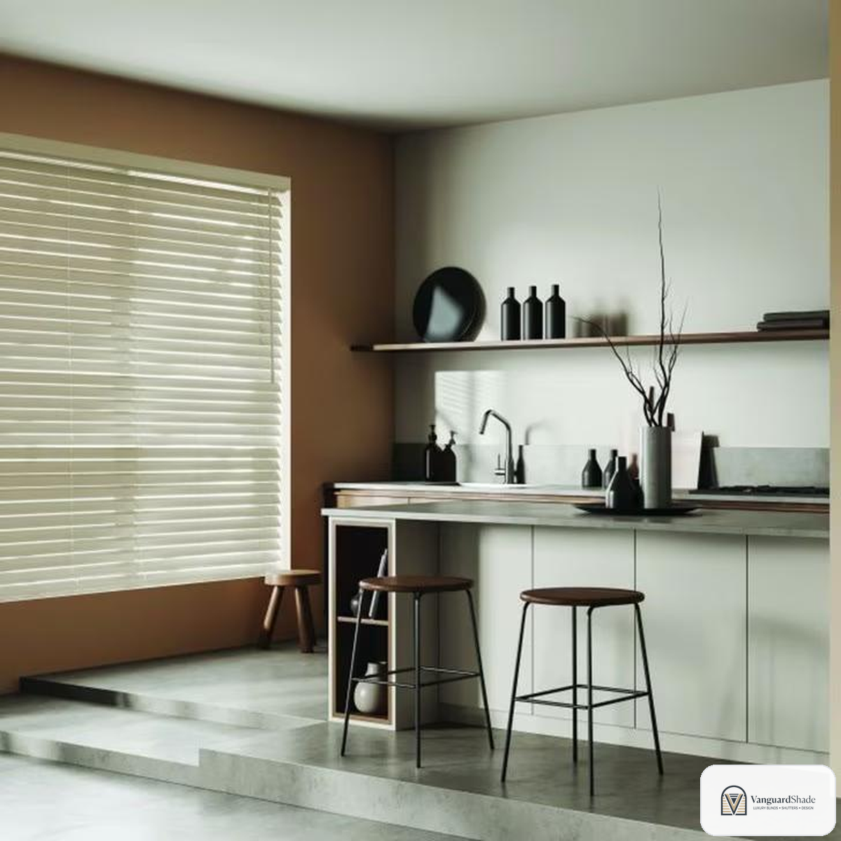 Vanguard Shade 2 in. Designer Routeless Faux Wood Blind, Custom Cut Width - front view