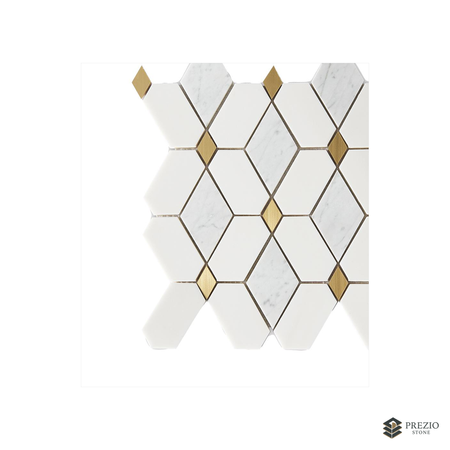 Prezio Stone Cube Lozenge Waterjet Mosaic with Brass Dots, Calacatta, Verde, and Nero Marble - primary material view