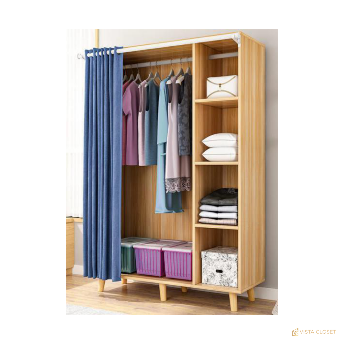 Vista Closet Natural Wood Curtain Wardrobe - front view