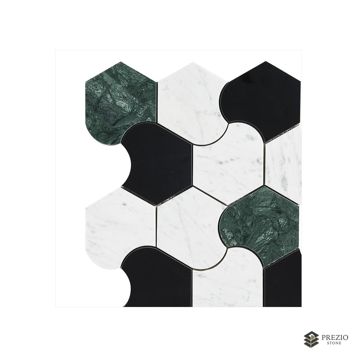 Prezio Stone Organic Interlock Waterjet Mosaic, Verde and Calacatta Marble - primary material view