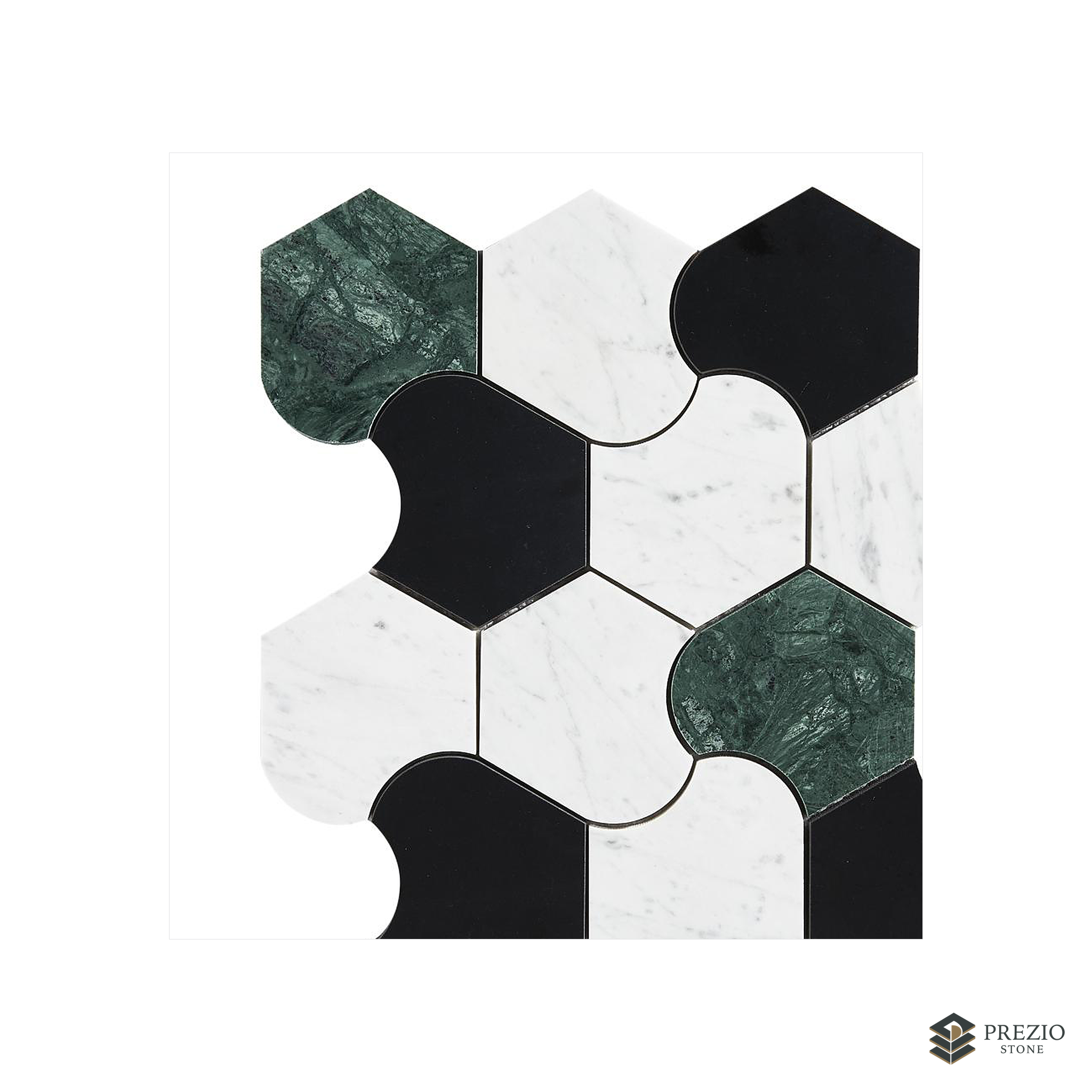Prezio Stone Organic Interlock Waterjet Mosaic, Verde and Calacatta Marble - primary material view