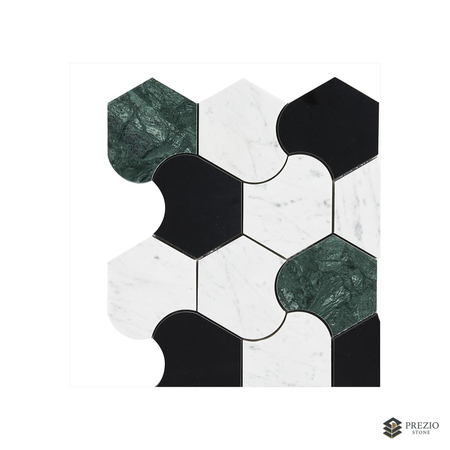 Prezio Stone Organic Interlock Waterjet Mosaic, Verde and Calacatta Marble - primary material view