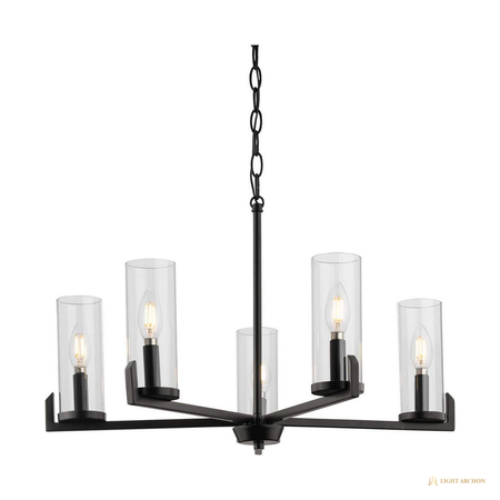 Light Archon Tivoli 25 in. 5-Light Matte Black Chandelier with Clear Glass Cylinder Shades - front view