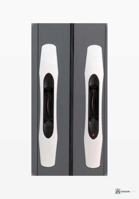 Door Axis Sliding Door Hardware Set, Stainless Tandem Rollers and Flush Locks - front view