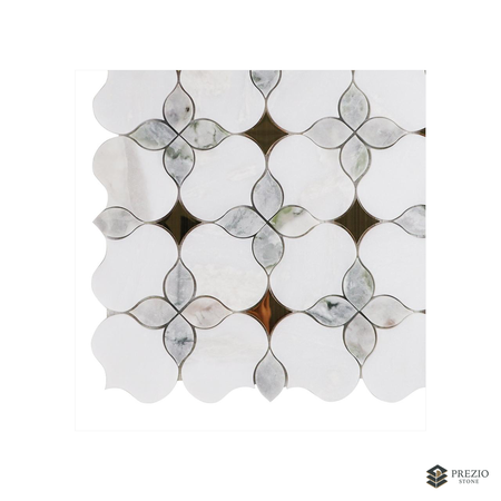 Prezio Stone Petal Blossom Waterjet Mosaic with Brass Dots, Calacatta and Grey Marble - primary material view