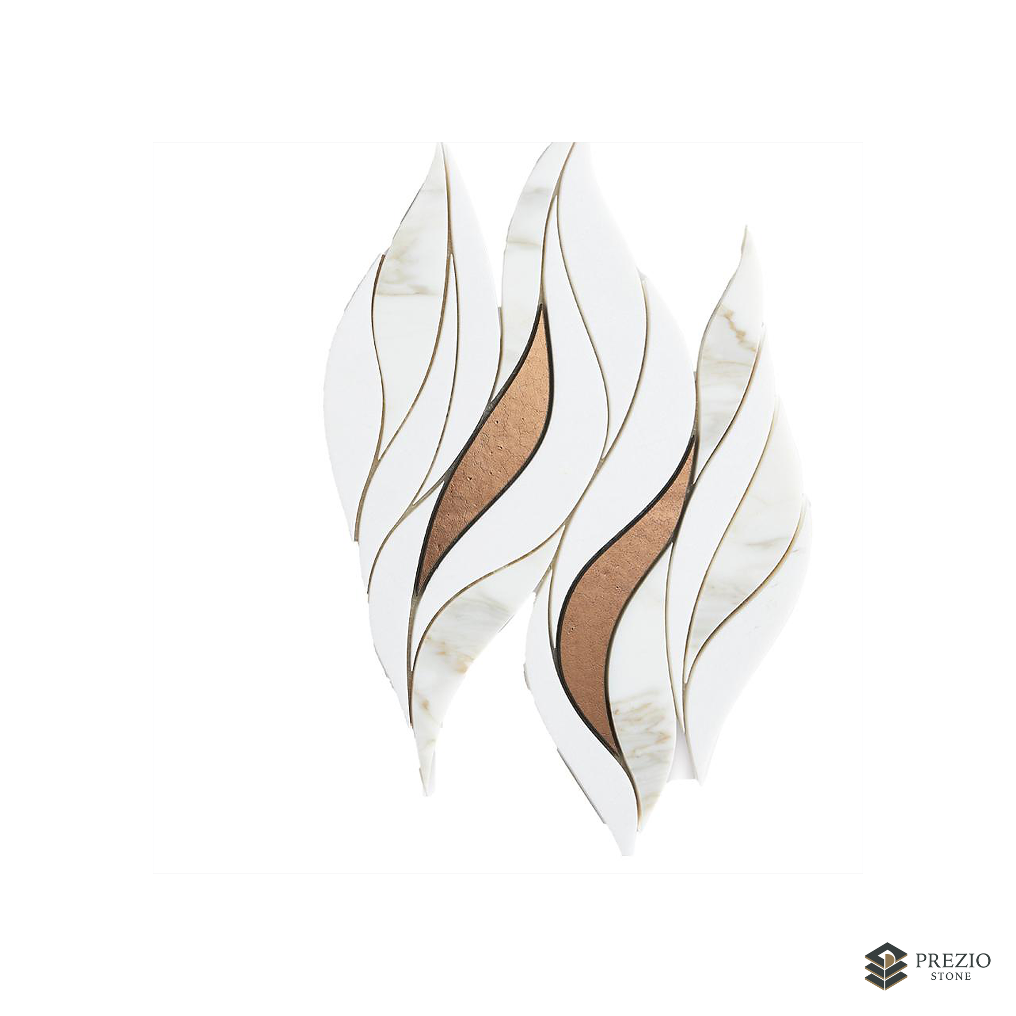 Prezio Stone Flame Leaf Waterjet Mosaic with Metallic Inlay, White Marble - primary material view