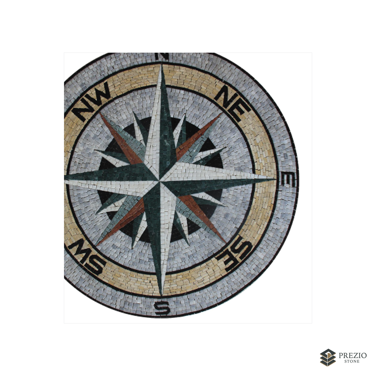 Prezio Stone Compass Rose Mosaic Medallion, Commissioned Natural Stone Floor Art - primary material view