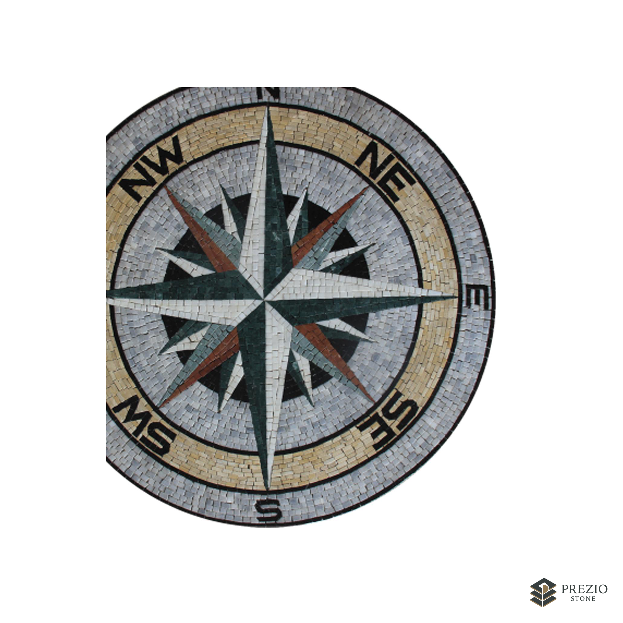Prezio Stone Compass Rose Mosaic Medallion, Commissioned Natural Stone Floor Art - primary material view