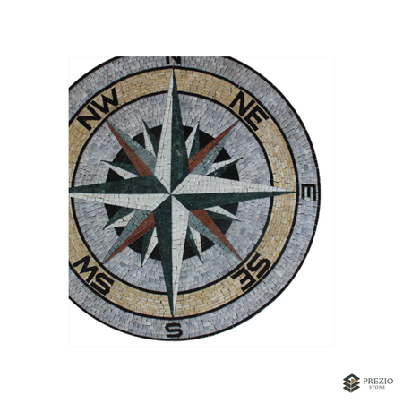 Prezio Stone Compass Rose Mosaic Medallion, Commissioned Natural Stone Floor Art - primary material view