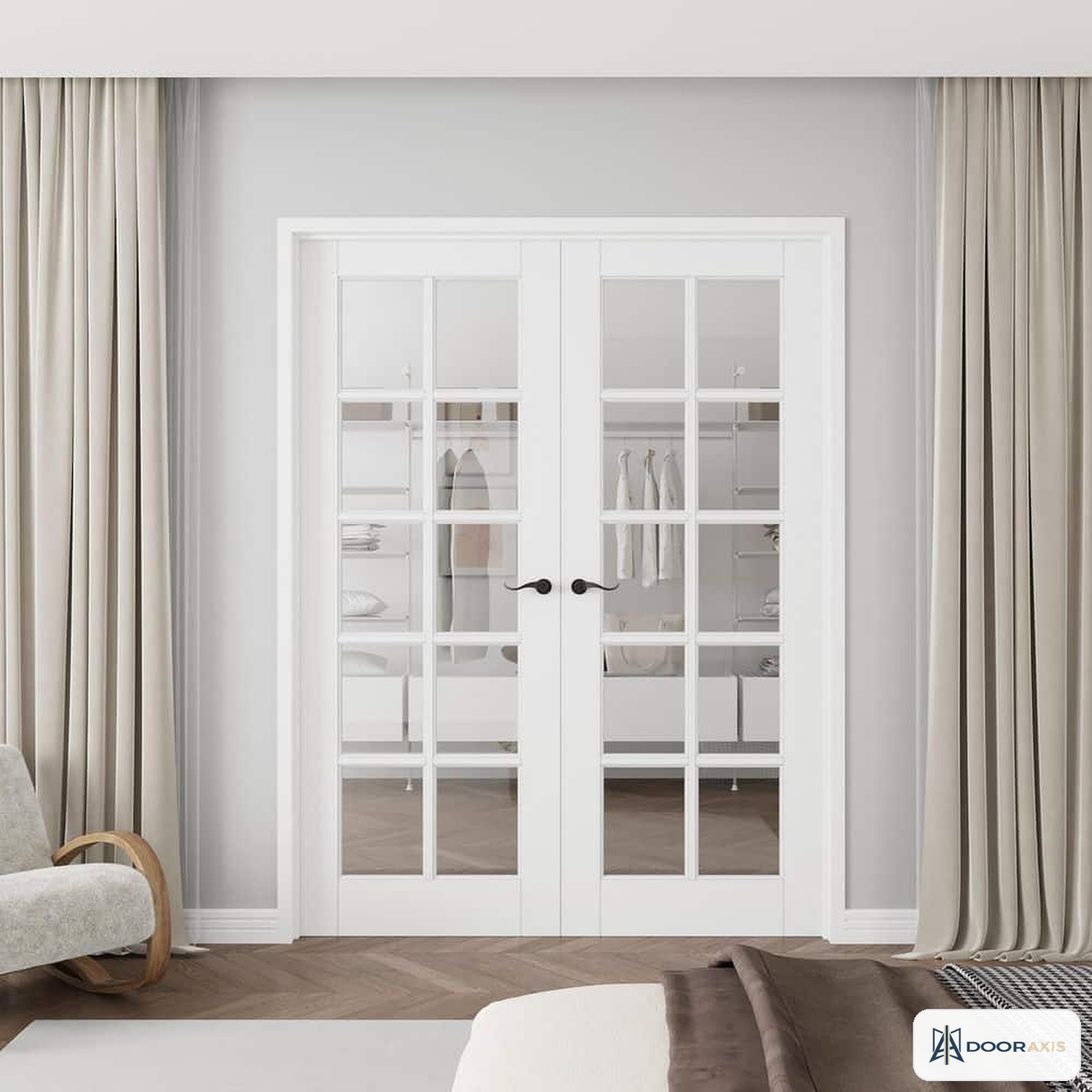 Door Axis 60 in x 80 in 10-Lite Clear Tempered Glass Solid MDF Core Double Prehung Interior French Door - front view