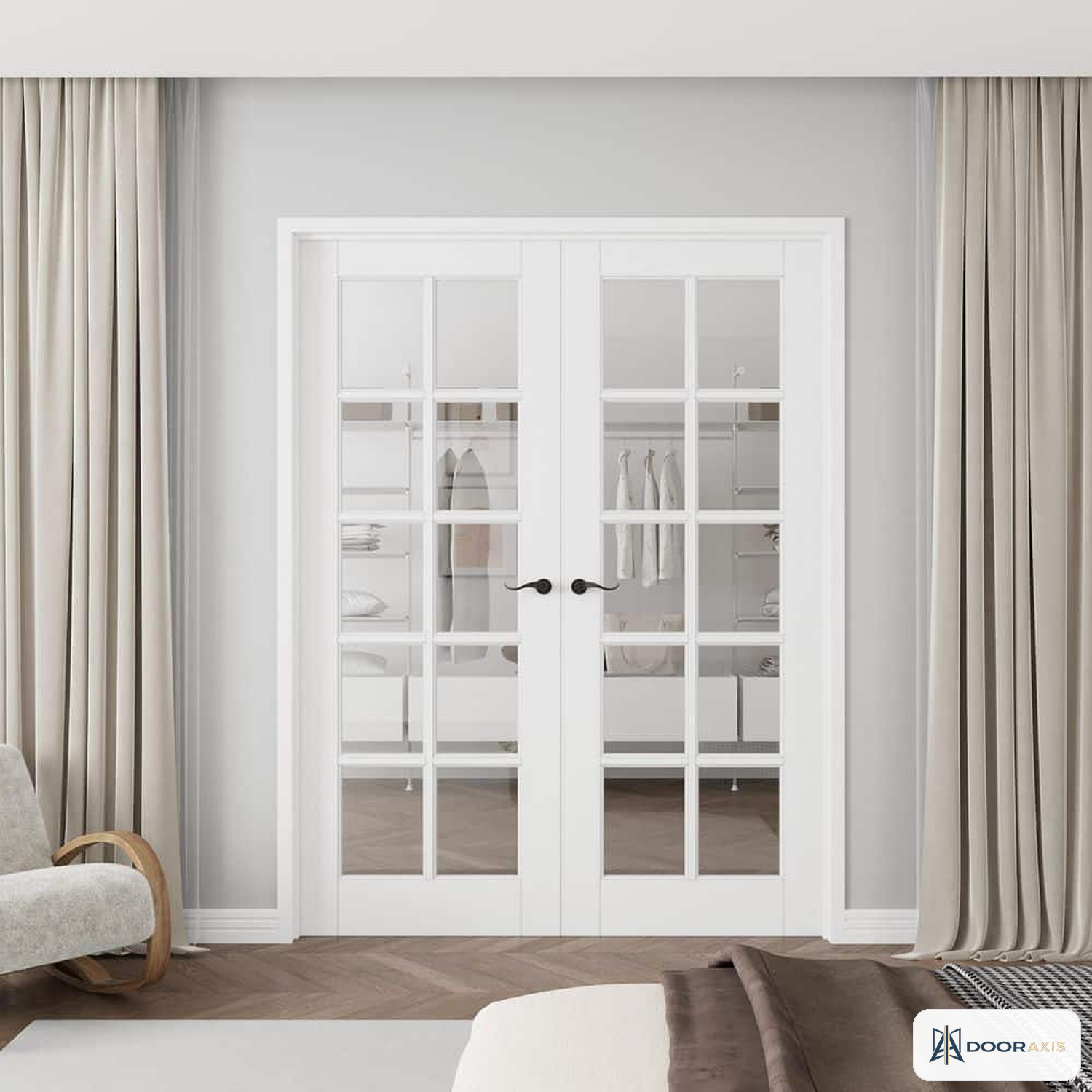 Door Axis 60 in x 80 in 10-Lite Clear Tempered Glass Solid MDF Core Double Prehung Interior French Door - front view