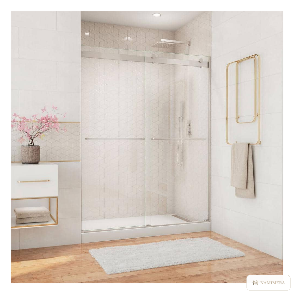 Namimera 56 to 60 in. W x 76 in. H Semi-Frameless Sliding Shower Door with Clear Glass, Brushed Nickel - front view