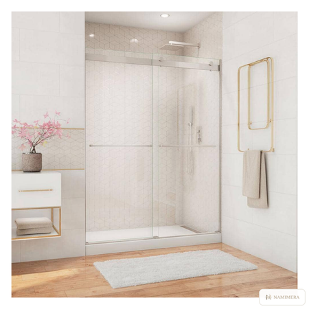 Namimera 56 to 60 in. W x 76 in. H Semi-Frameless Sliding Shower Door with Clear Glass, Brushed Nickel - front view