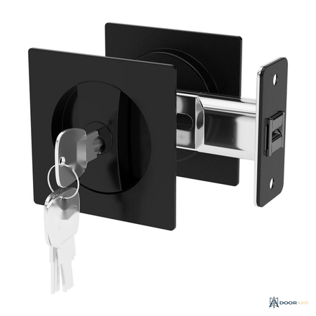 Door Axis Square Keyed Pocket Door Lock, Matte Black - front view