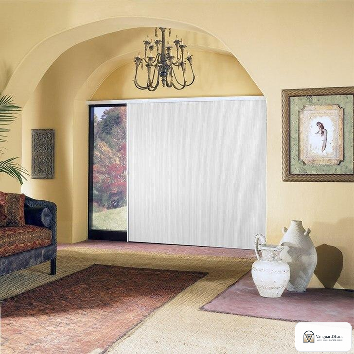 Vanguard Shade Vertical Cellular Shade, Blackout, Cordless Track, Custom Cut - front view