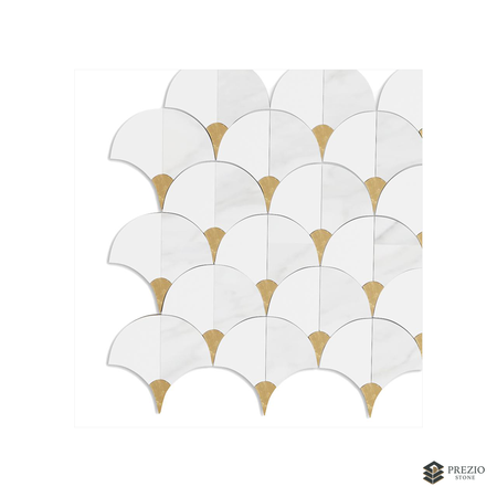 Prezio Stone Scallop Fan Waterjet Mosaic with Brass Wedges, Polished Marble - primary material view