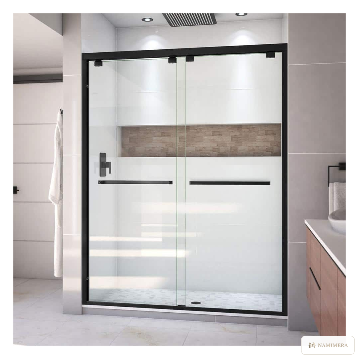 Namimera 56 to 60 in. W x 76 in. H Frameless-Look Bypass Sliding Shower Door with Clear Glass, Matte Black - front view