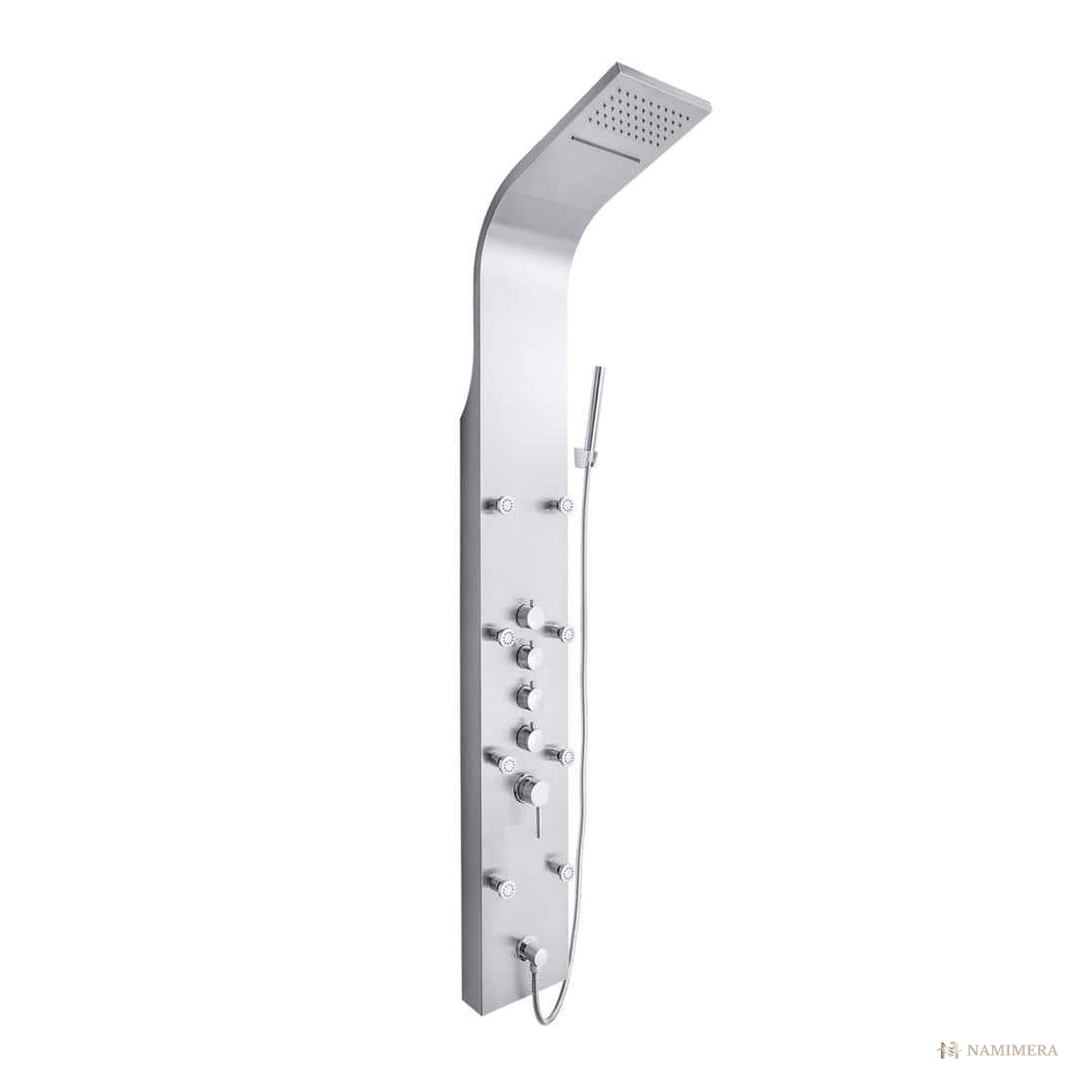 Namimera 65 in. Stainless Steel Shower Panel Tower with Rain and Waterfall Head, 8 Body Jets, and Handheld - front view