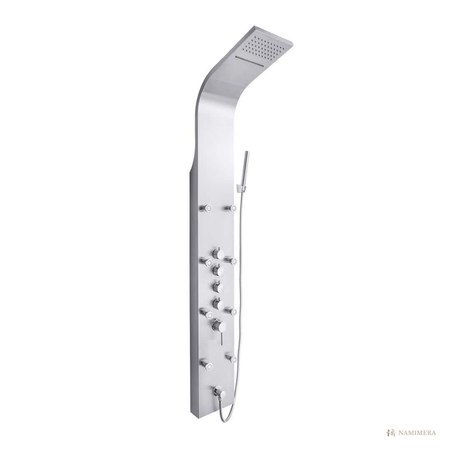 Namimera 65 in. Stainless Steel Shower Panel Tower with Rain and Waterfall Head, 8 Body Jets, and Handheld - front view