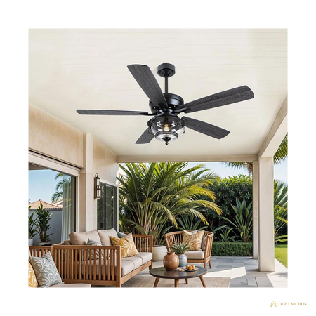 Light Archon Palmetto 52 in. Damp-Rated DC Ceiling Fan with Palm Leaf Blades, Light and Remote - front view