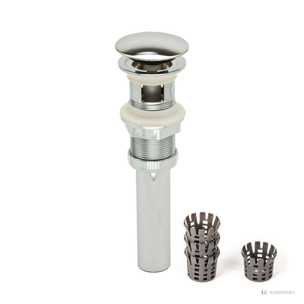 Namimera Push Pop-Up Bathroom Sink Drain with Overflow and Hair Catcher, 1-1/4 in., Chrome - front view