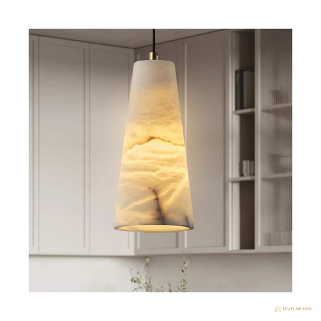 Light Archon Cara Natural Alabaster Cone Pendant with Brushed Gold Hardware - front view