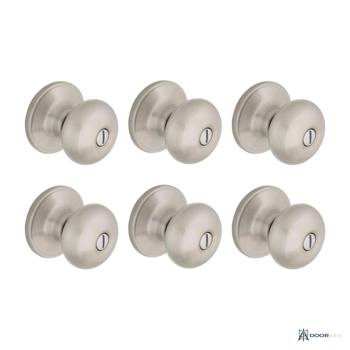 Door Axis Satin Nickel Round Privacy Door Knob, Single and 6-Pack - front view