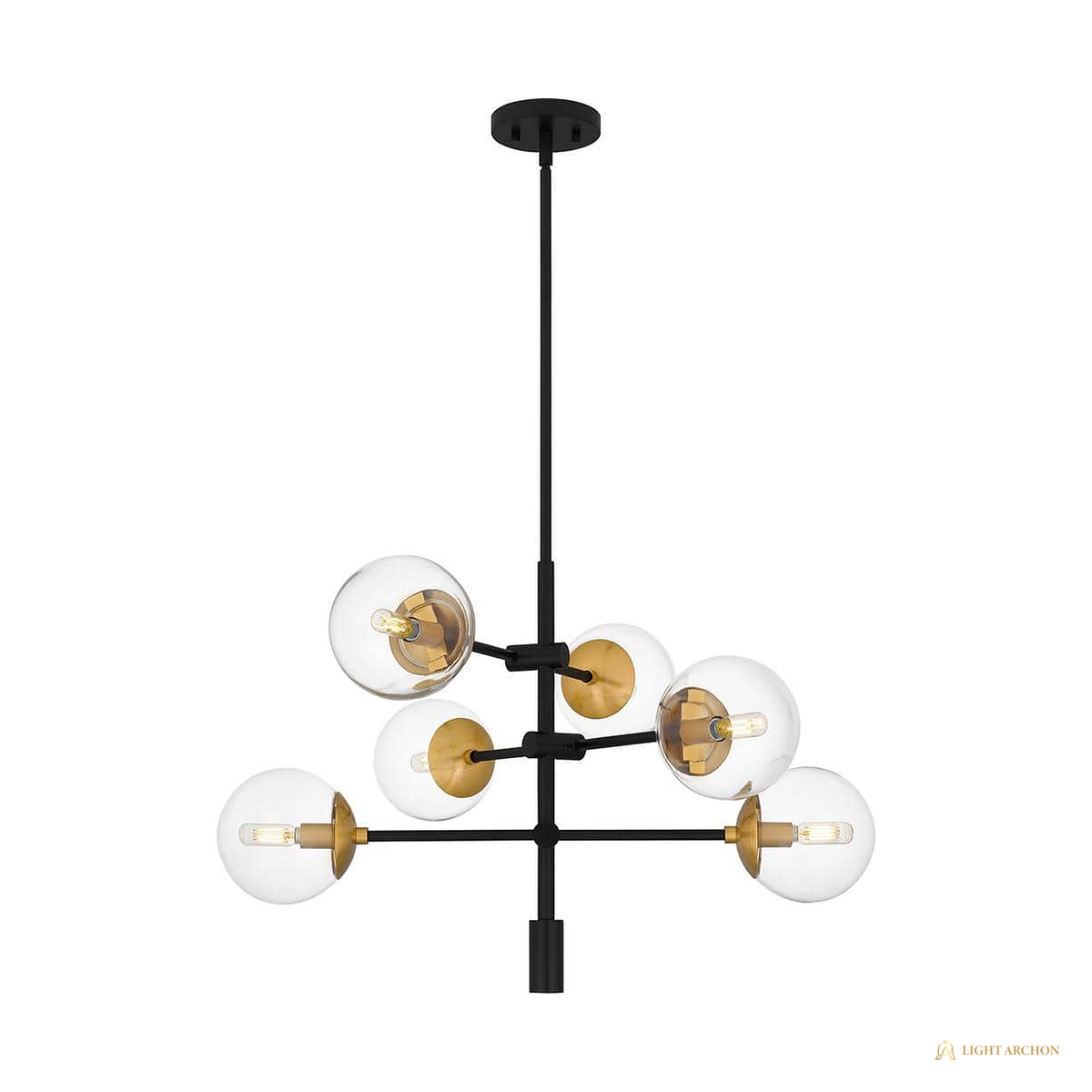 Light Archon Astra 28.5 in. 6-Light Matte Black and Gold Cluster Chandelier with Clear Glass Sphere Shades - front view